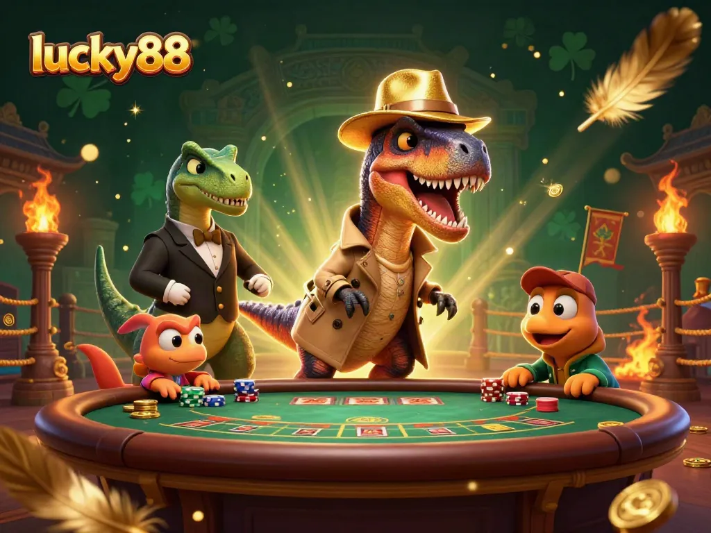 Engage with lucky88's thrilling casino atmosphere featuring animated characters in a vibrant gambling scene.