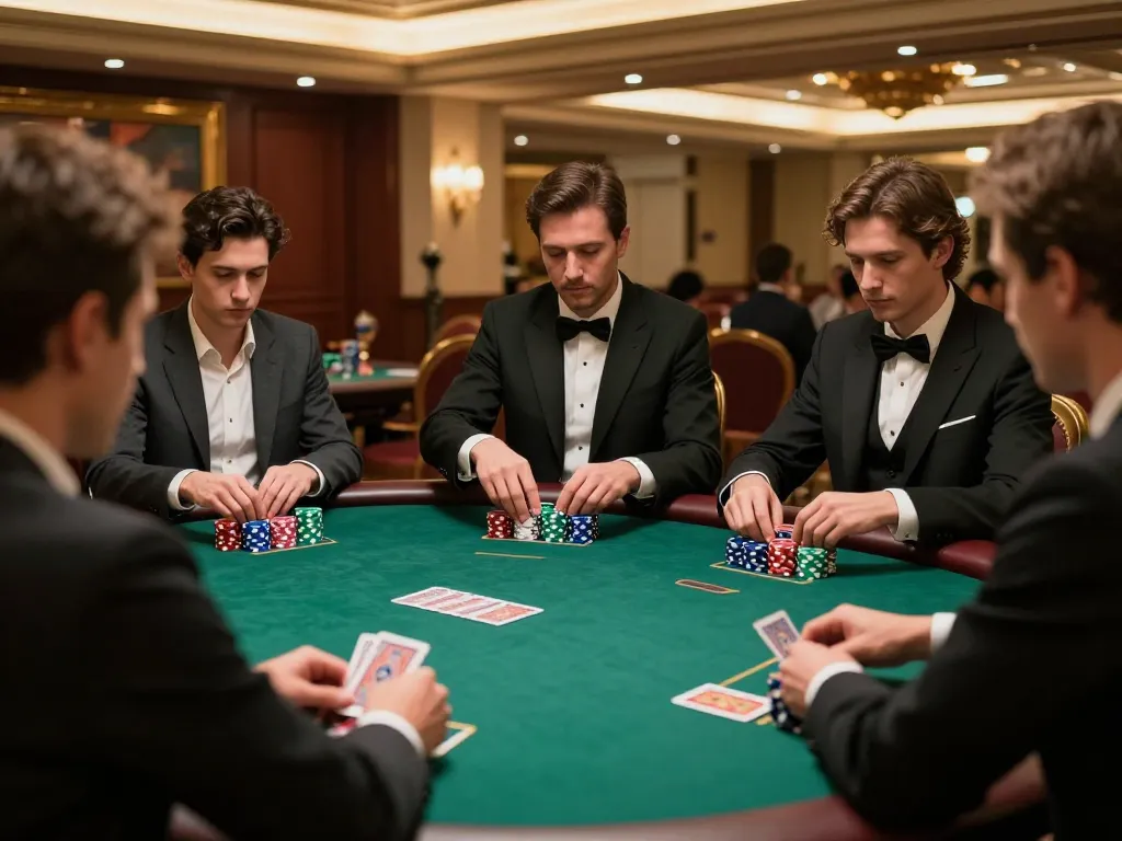 Players strategizing at a high-stakes poker table at 79kingz casino, showcasing intense gameplay.