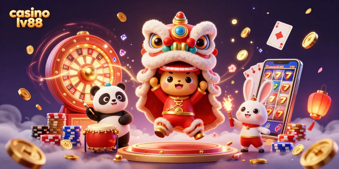 Experience the excitement of casino lv88 with festive characters and dynamic game elements in a vibrant 3D scene.