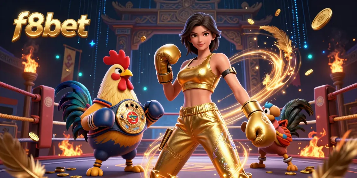 Engage with f8bet’s dynamic experience featuring a powerful woman and cartoon rooster amidst gaming elements.