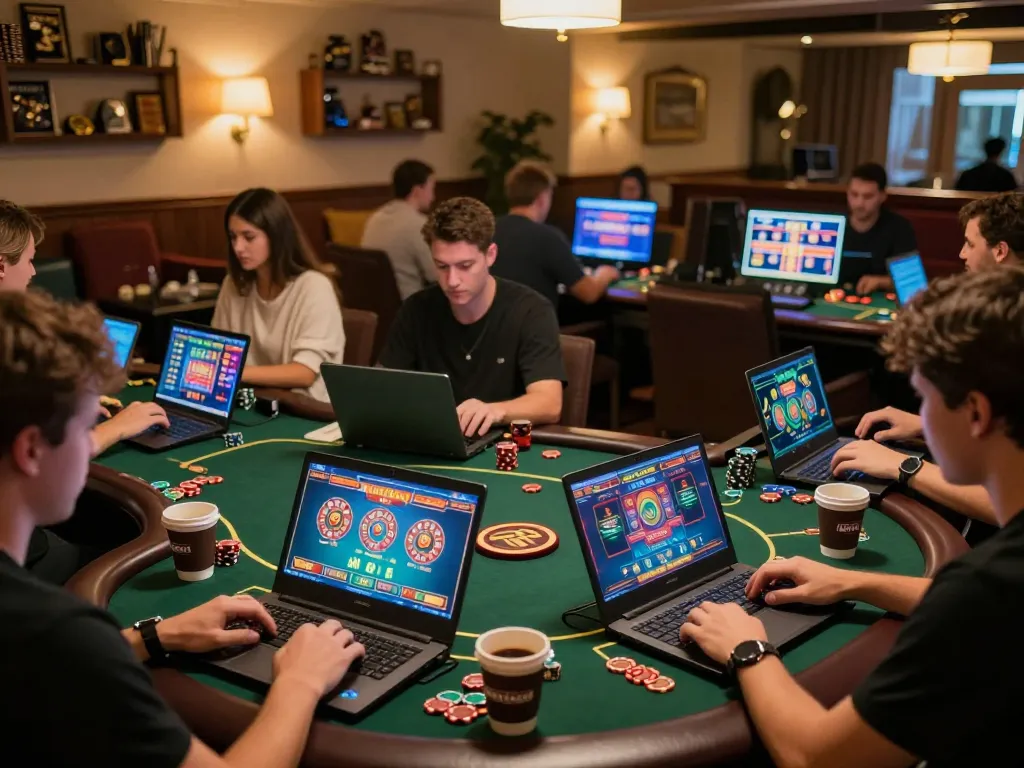 Engaged players enjoying mb66ac online casino gaming on various devices amidst a cozy environment.