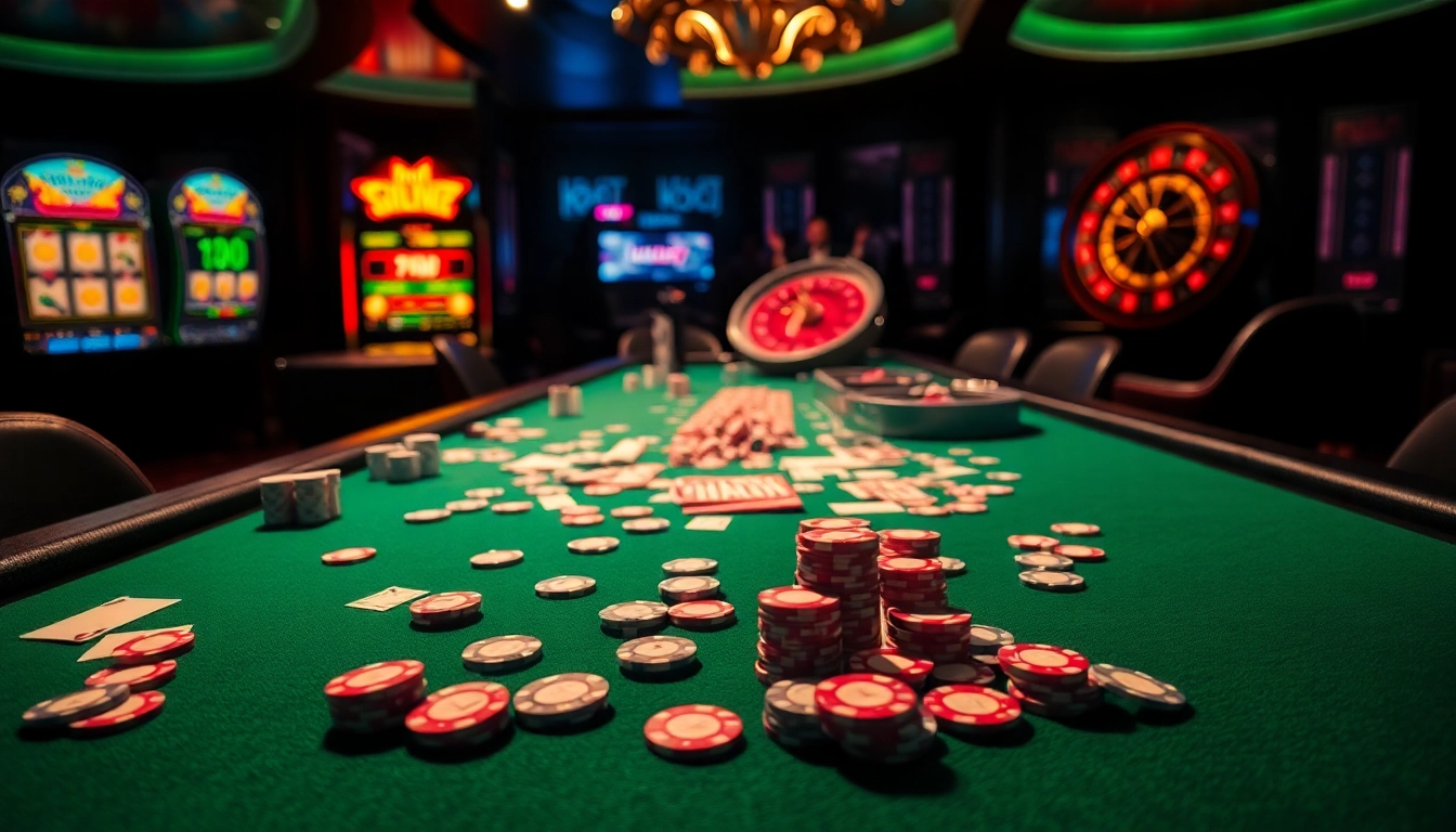 Engage with thrilling casino action at https://8s86.com/ featuring colorful chips, cards, and a roulette wheel.