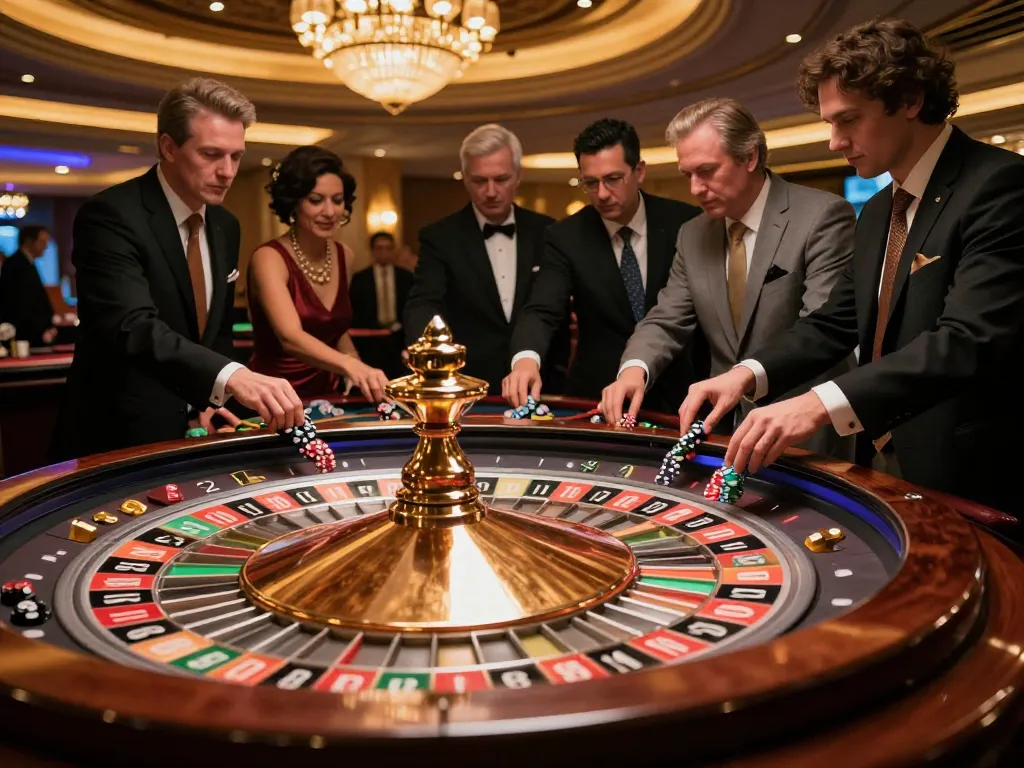 Players at the MB66 casino eagerly watch a roulette wheel spin, immersed in high-stakes excitement.