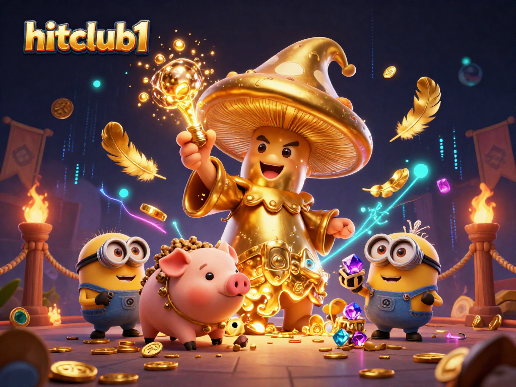 Hitclub1 features a golden mushroom wizard conjuring treasure magic in an enchanting casino scene.