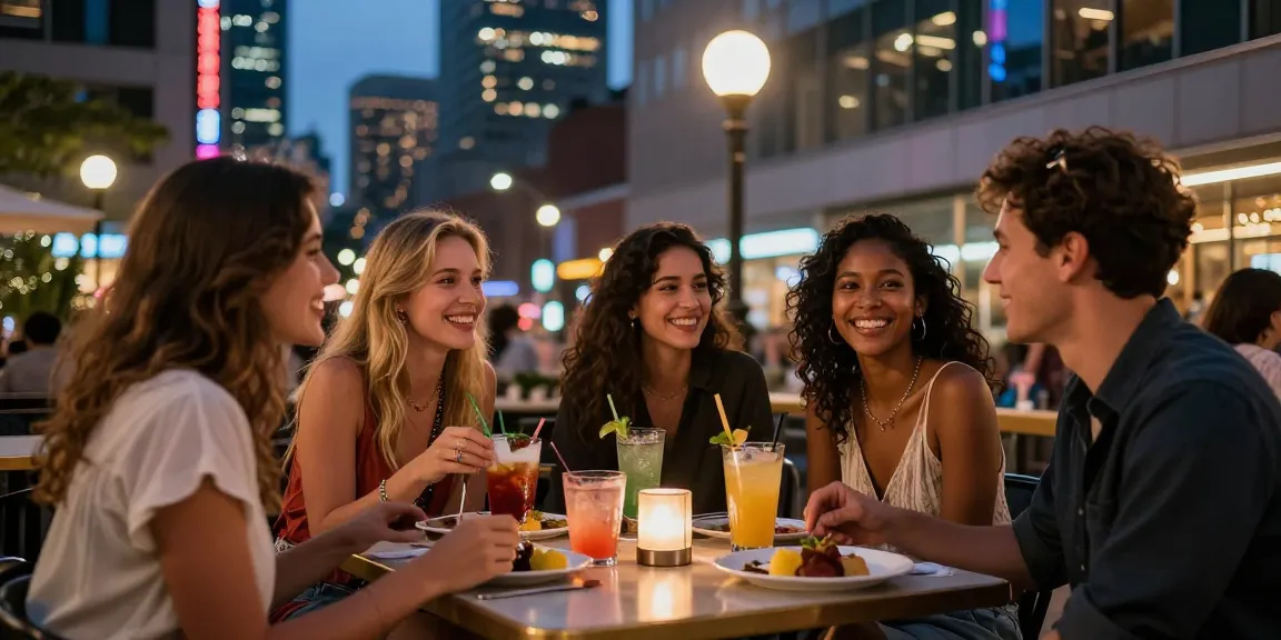 Friends enjoying vibrant nightlife and cocktails at urban café with rokok88 link context.