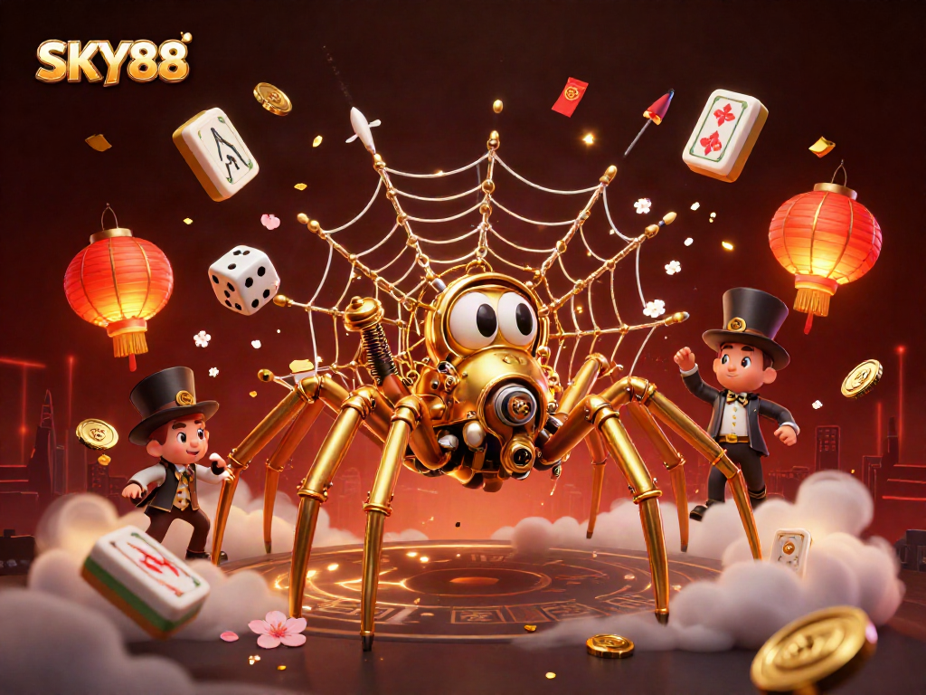 Engage in thrilling gaming experiences at SKY88, where a steampunk spider catches dice and surprises.