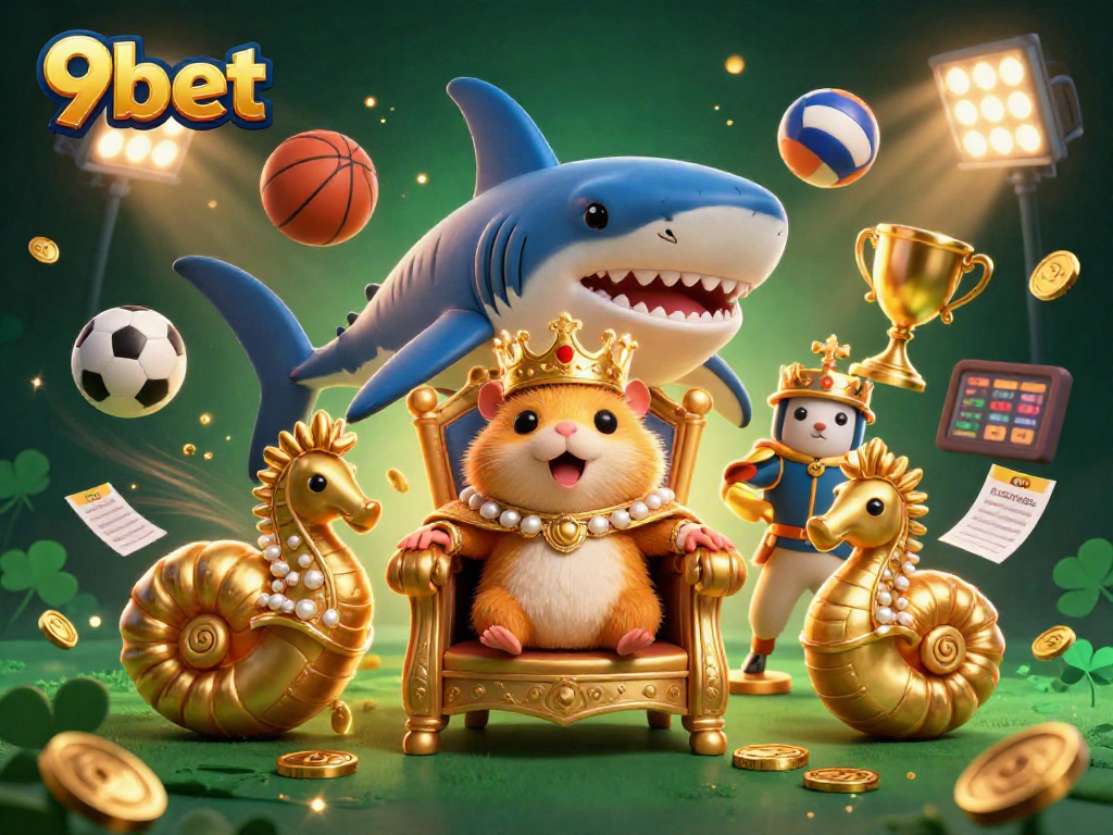 Experience the thrill of sports betting with 9bet through this vibrant, dynamic 3D illustration featuring a golden hamster king.