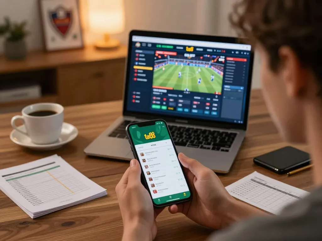 Engaging with the ta88 betting app on a smartphone in a cozy home setting, showcasing the excitement of online sports betting.