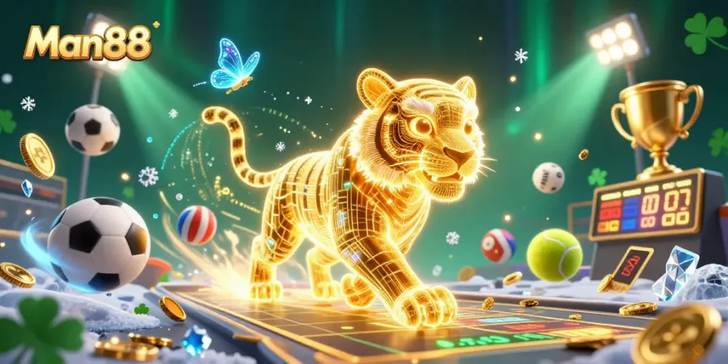 Experience exhilarating betting action with Man88 as a golden tiger embodies the thrill of the casino.