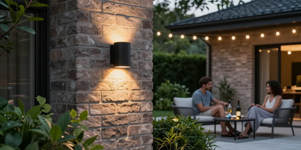 Moderne Außenwandleuchten Schwarz, die einen stilvollen Patiositzbereich mit gemütlicher Atmosphäre beleuchten.