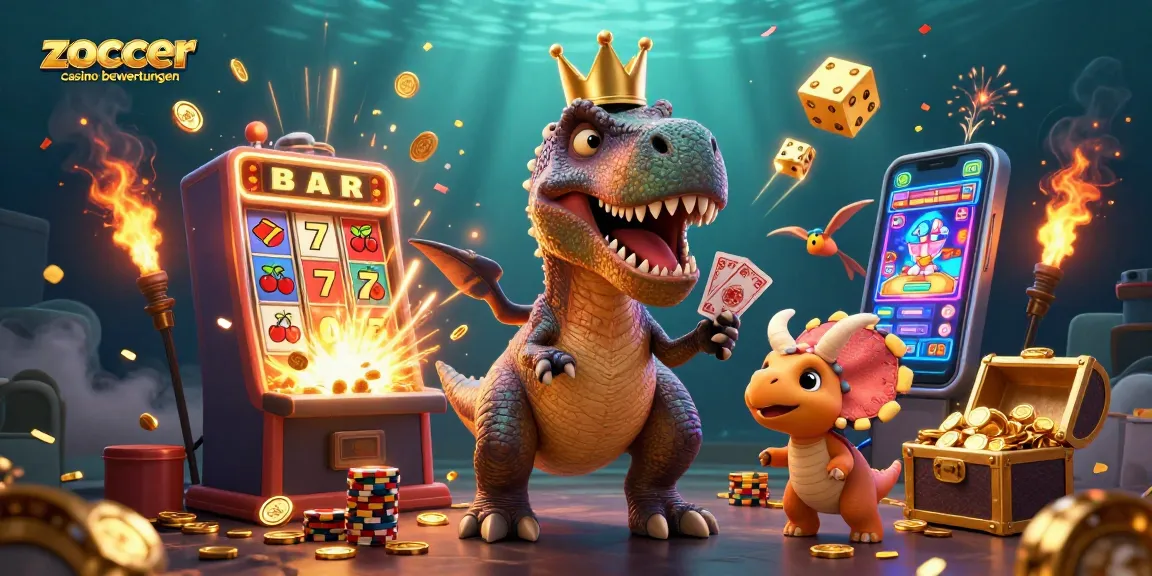 Zoccer casino bewertungen showcases playful dinosaurs enjoying card games among vibrant casino elements.