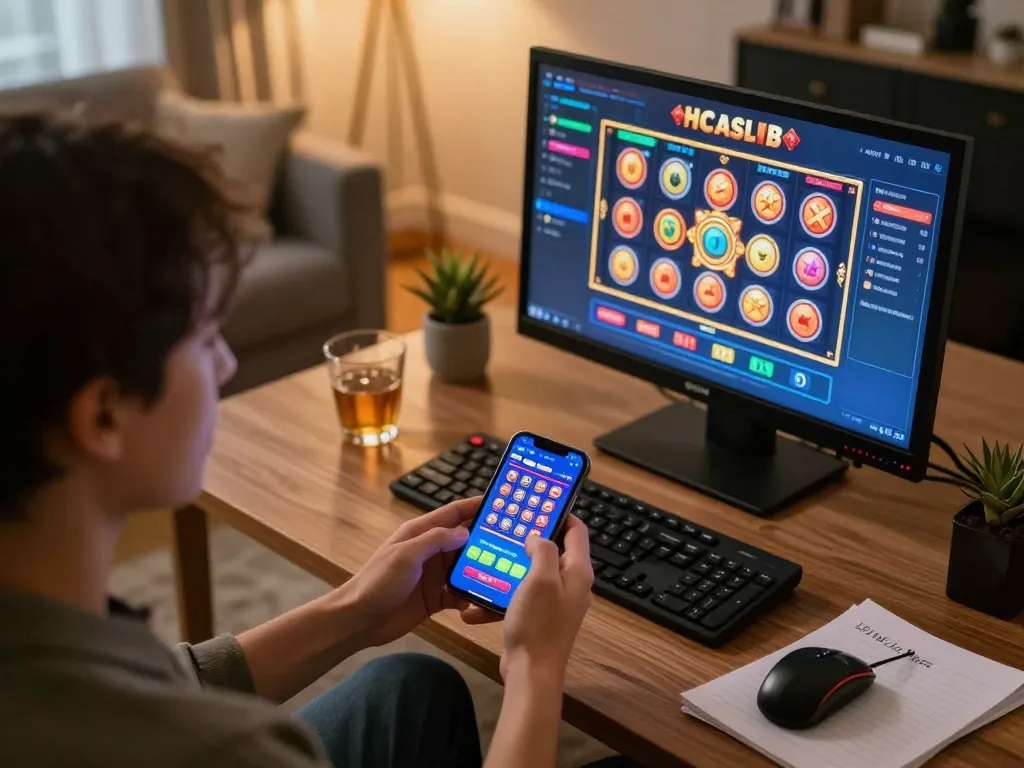 Player using Hitclub casino app on a smartphone in a cozy home setup, enhancing online gaming experience.