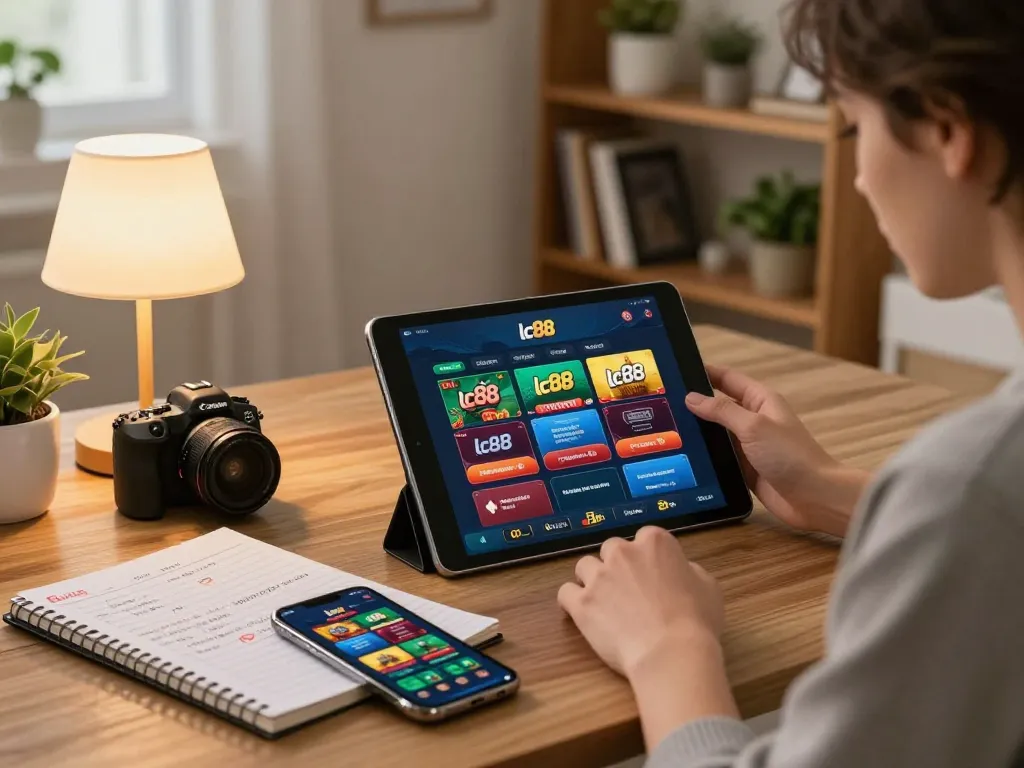 Experience engaging gameplay at lc88's online casino with a cozy home setup showcasing strategic notes.