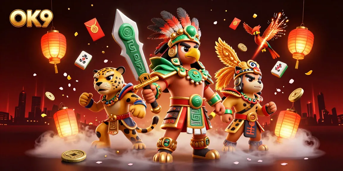 Experience thrilling gameplay at OK9 with vibrant 3D Aztec warriors surrounded by casino elements.