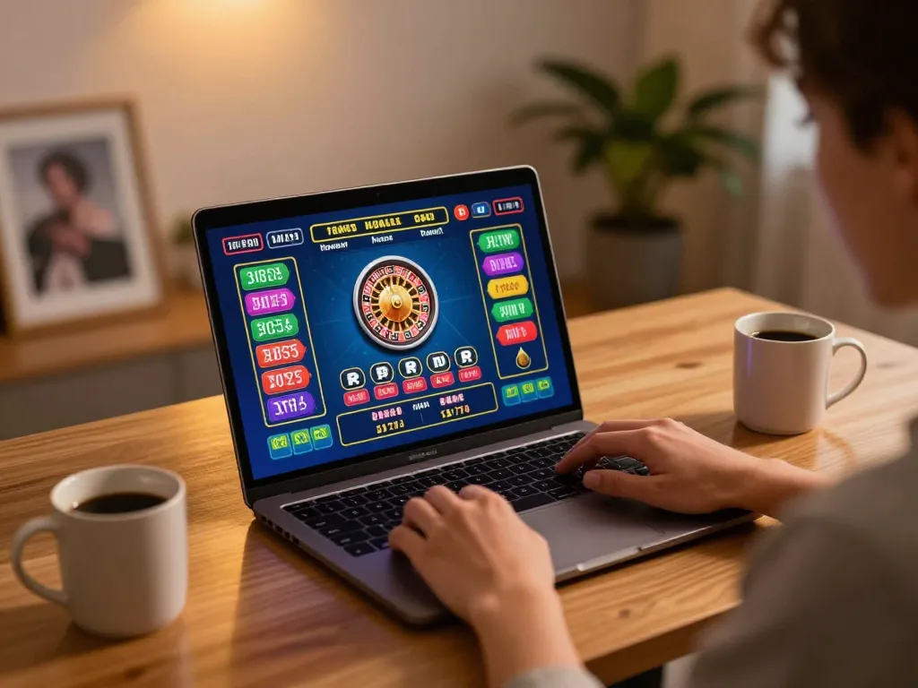 Player engaged with LC88 online casino gaming at home, vibrant screen displaying roulette.