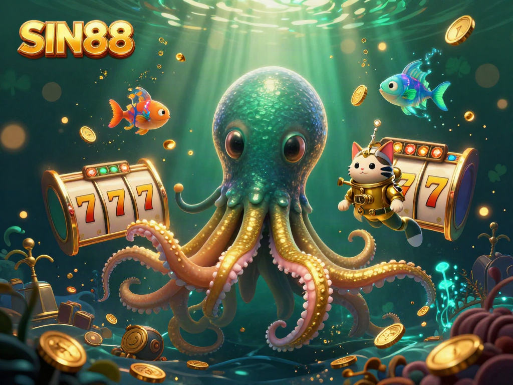 SIN88 features a colossal kraken and diving cat against a vibrant, casino-themed backdrop, highlighting slot machines.
