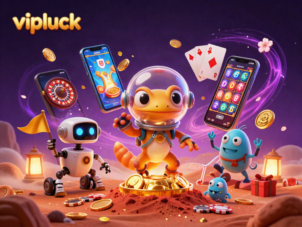 Experience gaming excitement with vipluck's vibrant 3D casino scene featuring a Martian gecko and alien elements.
