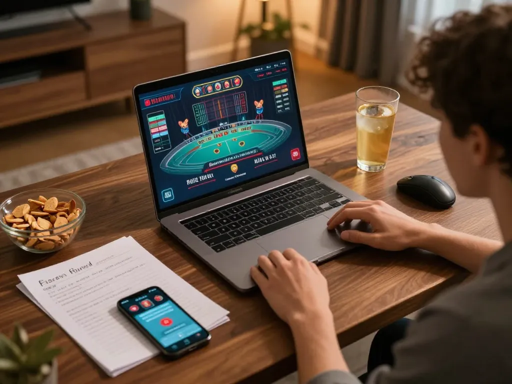 fun79 players engaging in live dealer gameplay from a cozy home setup with strategic tools
