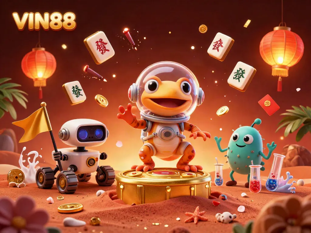 VIN88 casino illustration featuring a Martian gecko, celebrating amidst golden rewards and decorations.
