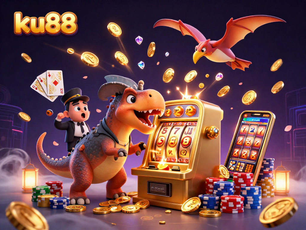 ku88 casino scene featuring pachycephalosaurus hitting a slot machine for jackpot coins