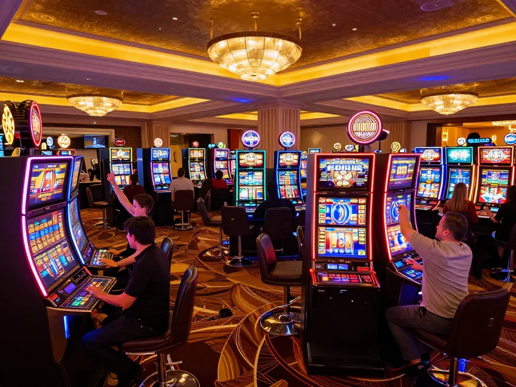 Players enjoying vibrant slot machines at MMOO casino, celebrating wins in a luxurious atmosphere