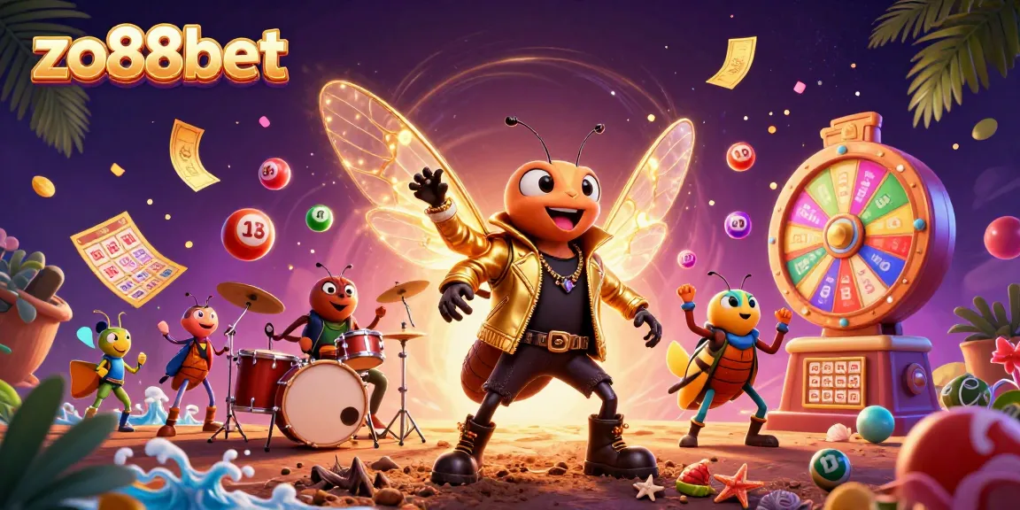 Experience excitement with zo88bet's dynamic 3D scene featuring a rock star cicada surrounded by vibrant gambling elements.