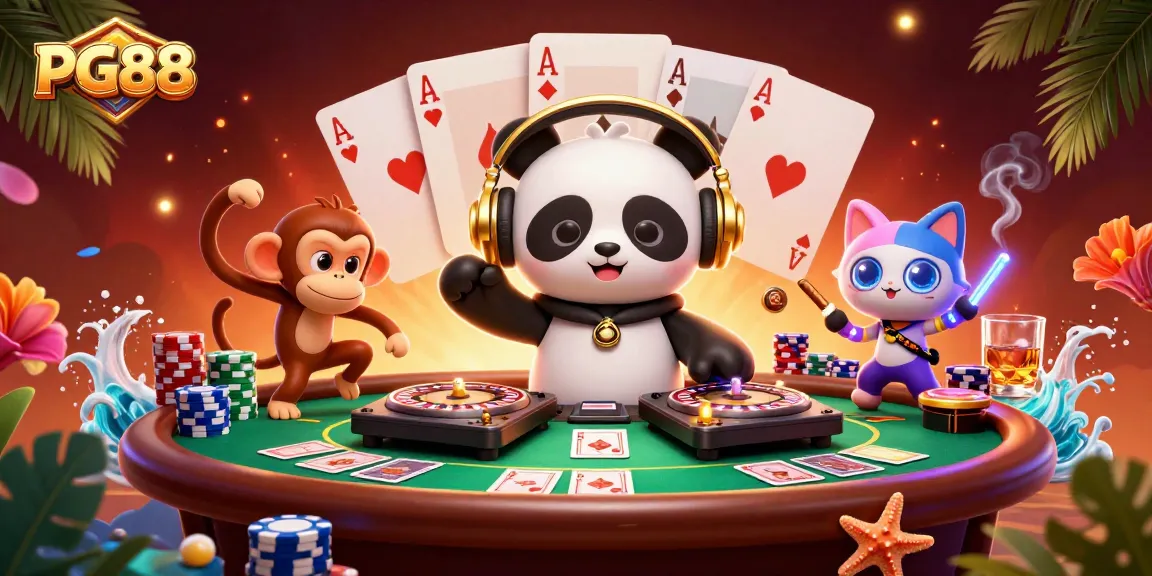 Experience the thrill of PG88 with dynamic characters in a vibrant casino scene filled with poker elements.