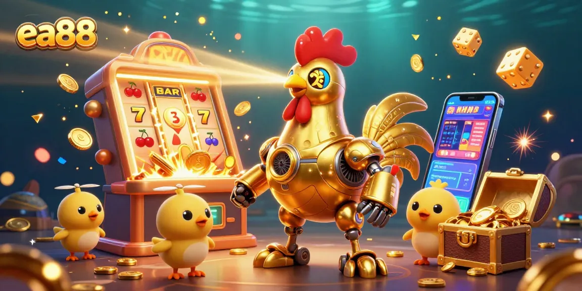 ea88's vibrant 3D casino illustration showcases a golden rooster robot blasting laser patterns, surrounded by thrilling gaming elements.