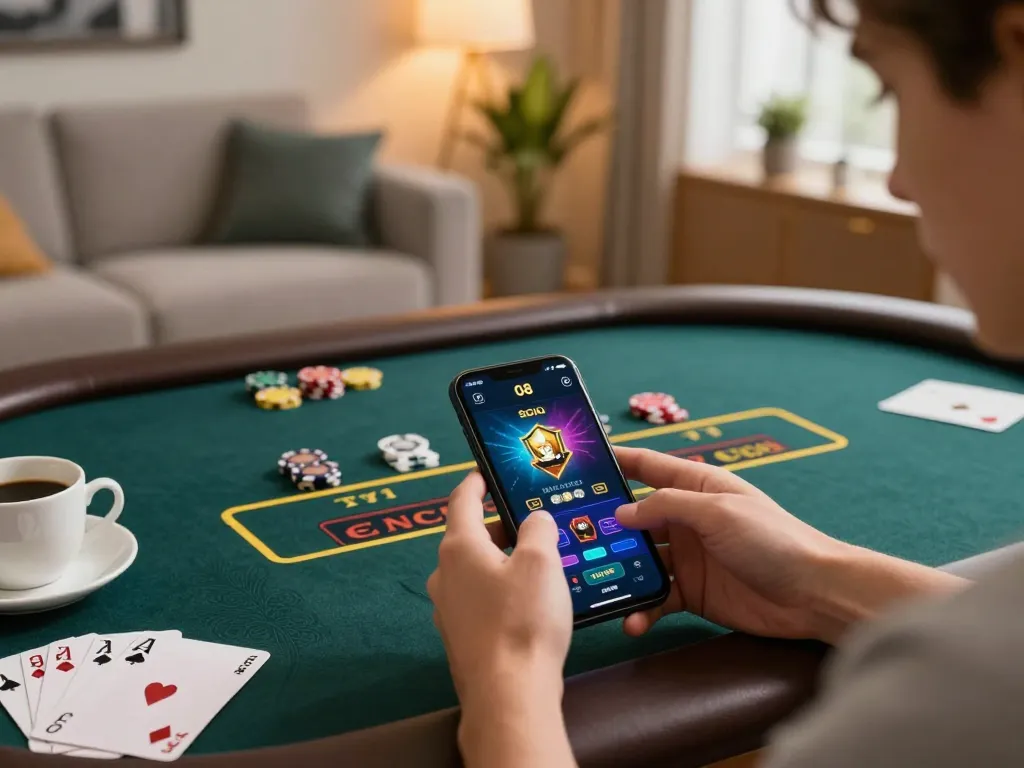 Player engaging with O8 SOCIAL mobile app in a cozy gaming setup, highlighting responsible gambling.