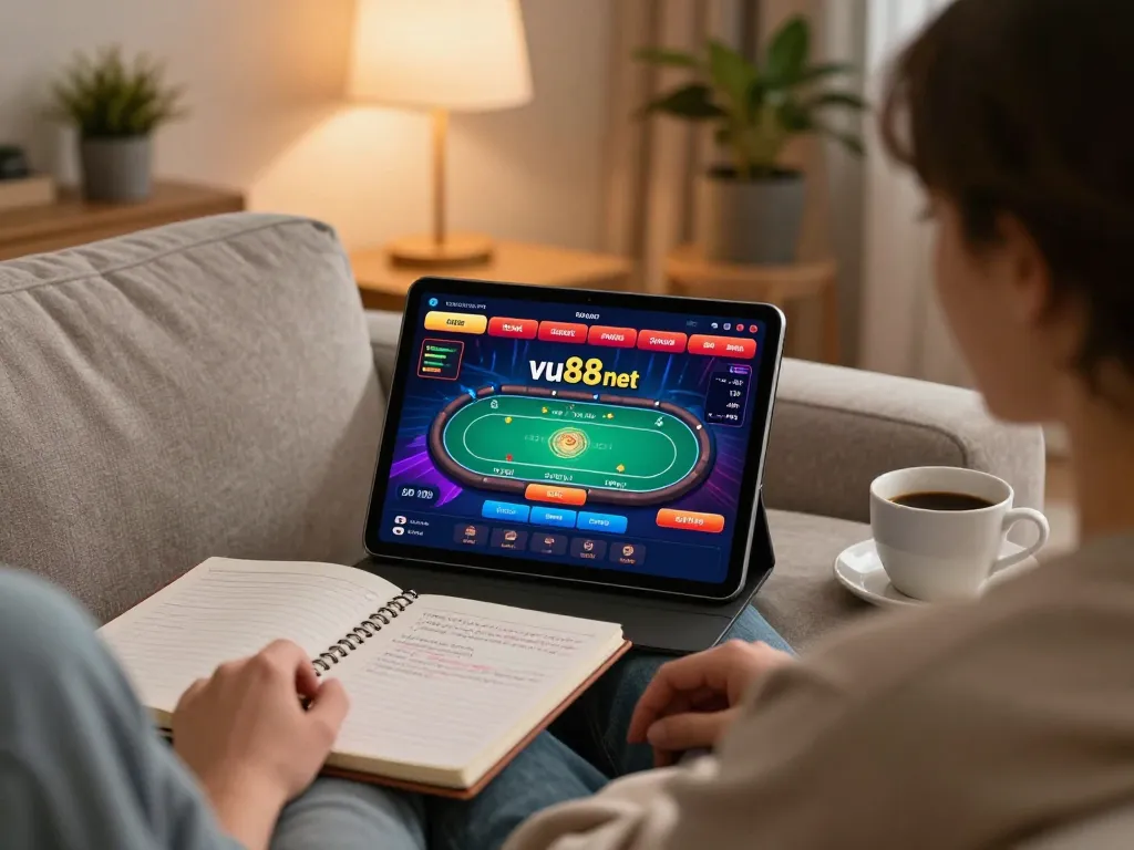 Engaging in online poker gaming at home with vu88 net displayed on a tablet amidst cozy surroundings.
