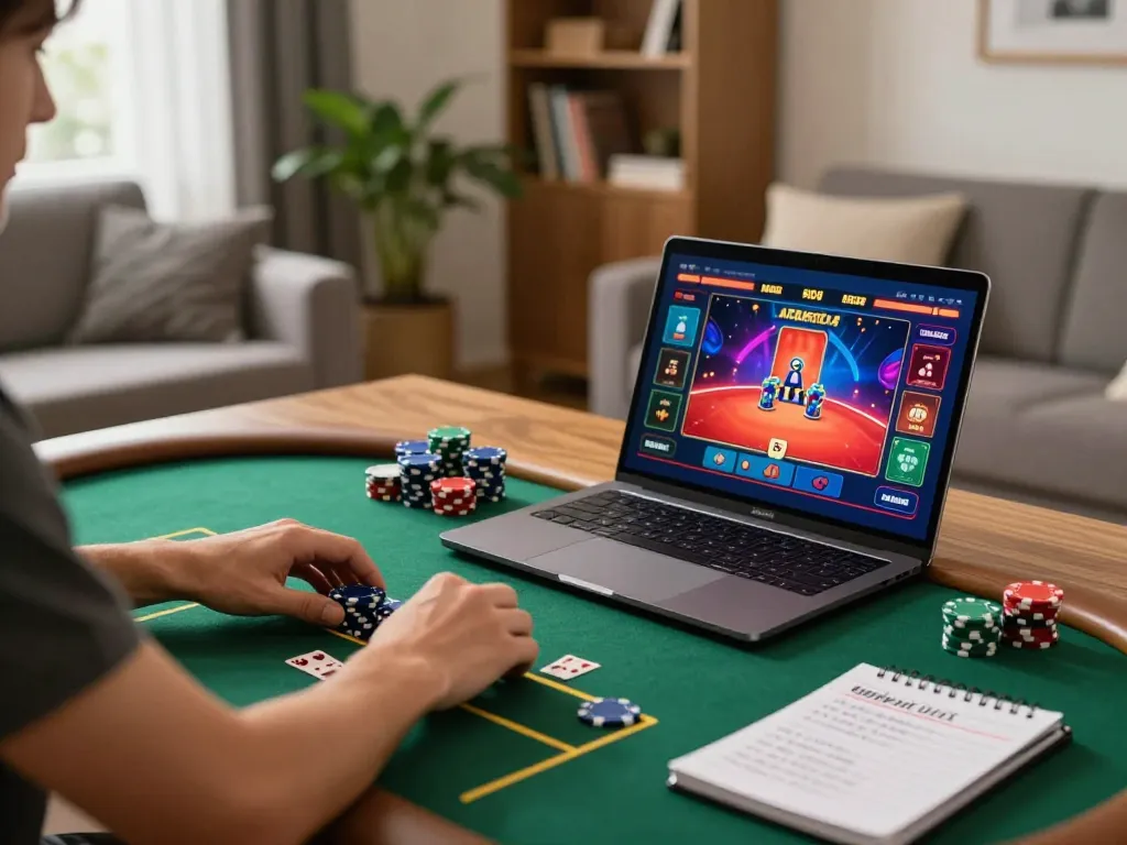 Engaging in gameplay with the 789win link on a laptop at home, vibrant poker interface, surrounded by strategic notes and chips.