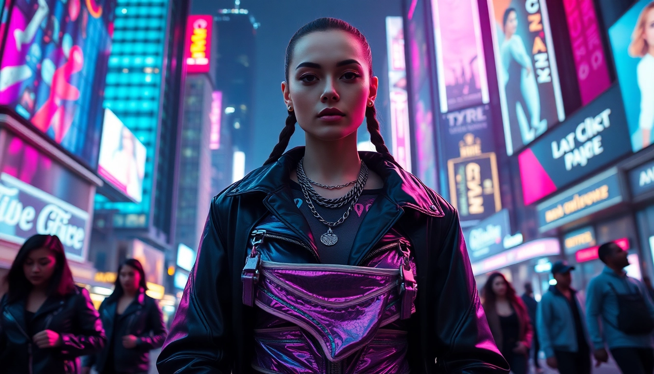 Tragen von cyberpunk clothing mit neonfarbenen Highlights und futuristisch urbanem Flair.