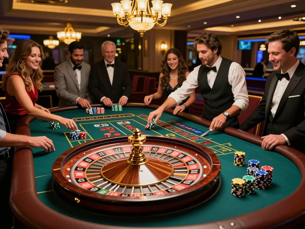 cm88 players placing bets during an exciting roulette game in a luxury casino.