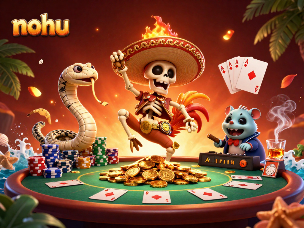 Nohu delightfully showcases a skeleton mariachi rooster dancing on coins, surrounded by poker elements.