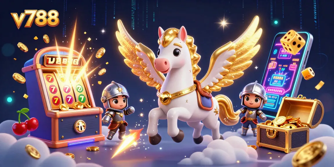 Experience thrilling gameplay with v788 as a celestial knight rides a magical horse amidst jackpot symbols and rich treasures.