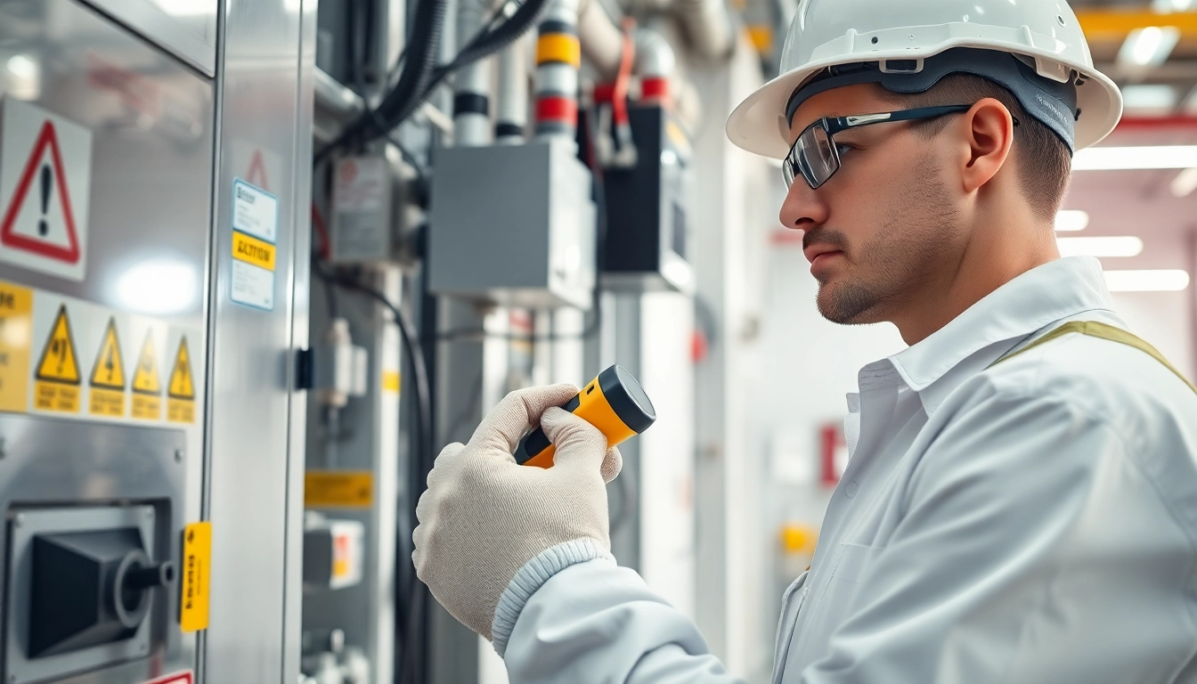 Prüfung ortsfester elektrischer Anlagen durch einen Techniker in sicherer Arbeitsumgebung.