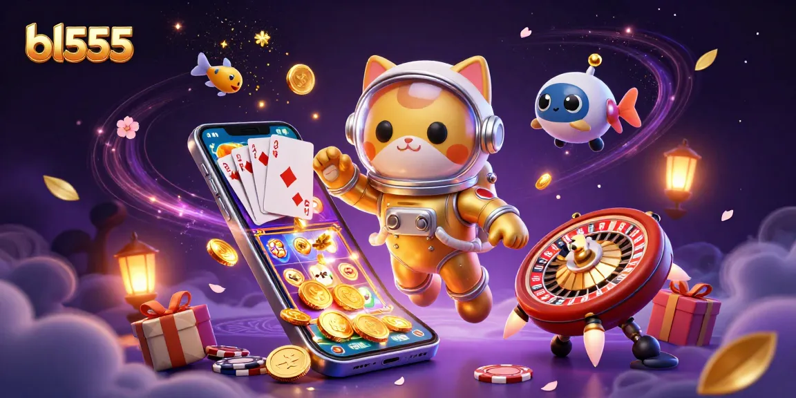 bl555 showcases a thrilling casino scene with a golden astronaut cat and robot dog amidst stunning gambling elements.