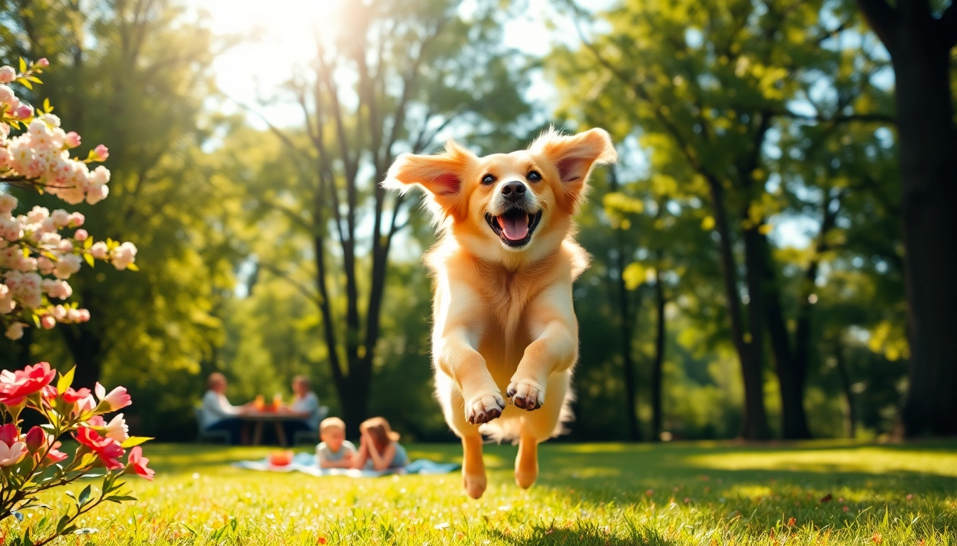 Pawsometime: ein glücklicher Hund spielt fröhlich im Park unter bunten Blumen.