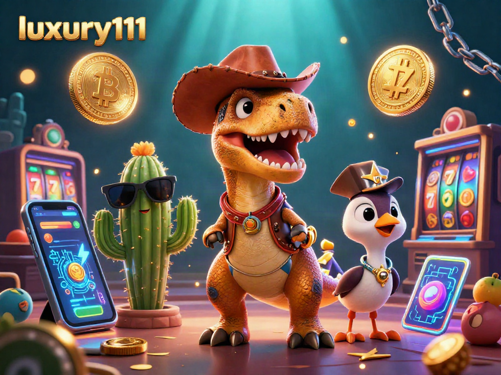 Experience thrilling wins with luxury111's vibrant casino adventure featuring cartoon dinosaur and crypto elements.