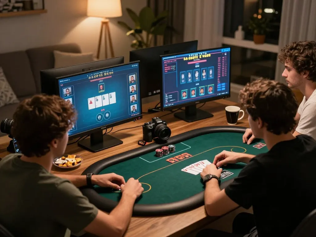 Winwin players strategizing during an online poker game at home, showcasing focused gameplay.