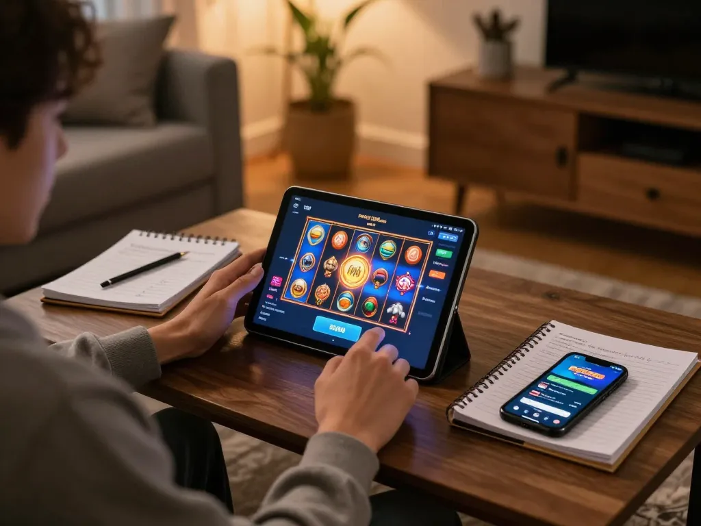 A player engaging in an exciting online slot game with a slot deposit 10000 on their tablet in a cozy setting.