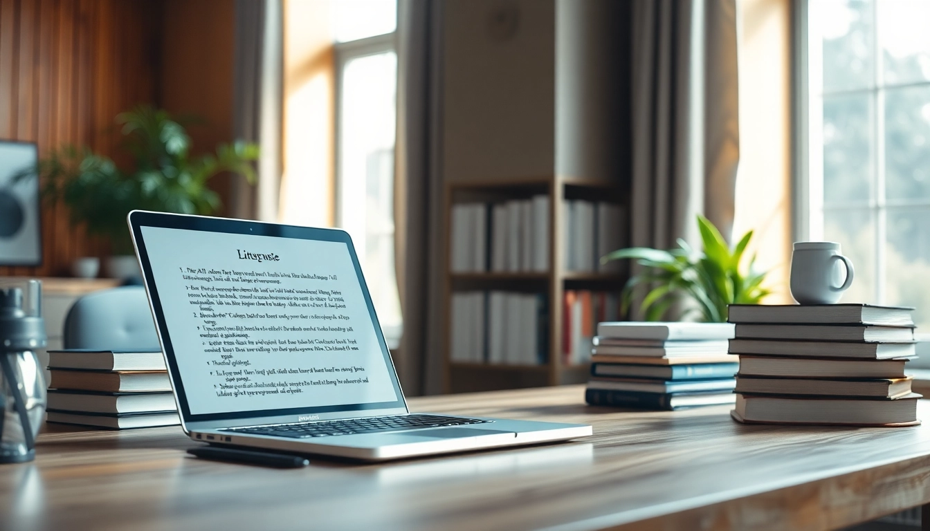 ki text humanisieren in einer modernen Büroumgebung mit einem Laptop und Büchern.