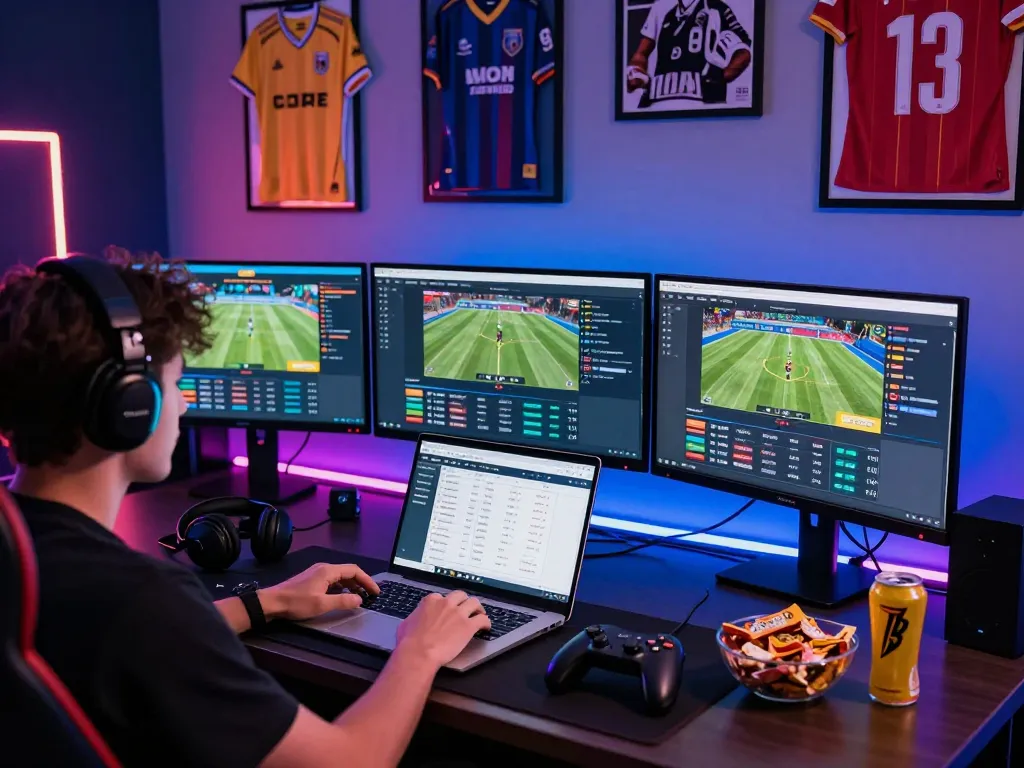 Gamer engaging with five88 online betting platform surrounded by sports memorabilia and modern gaming setup