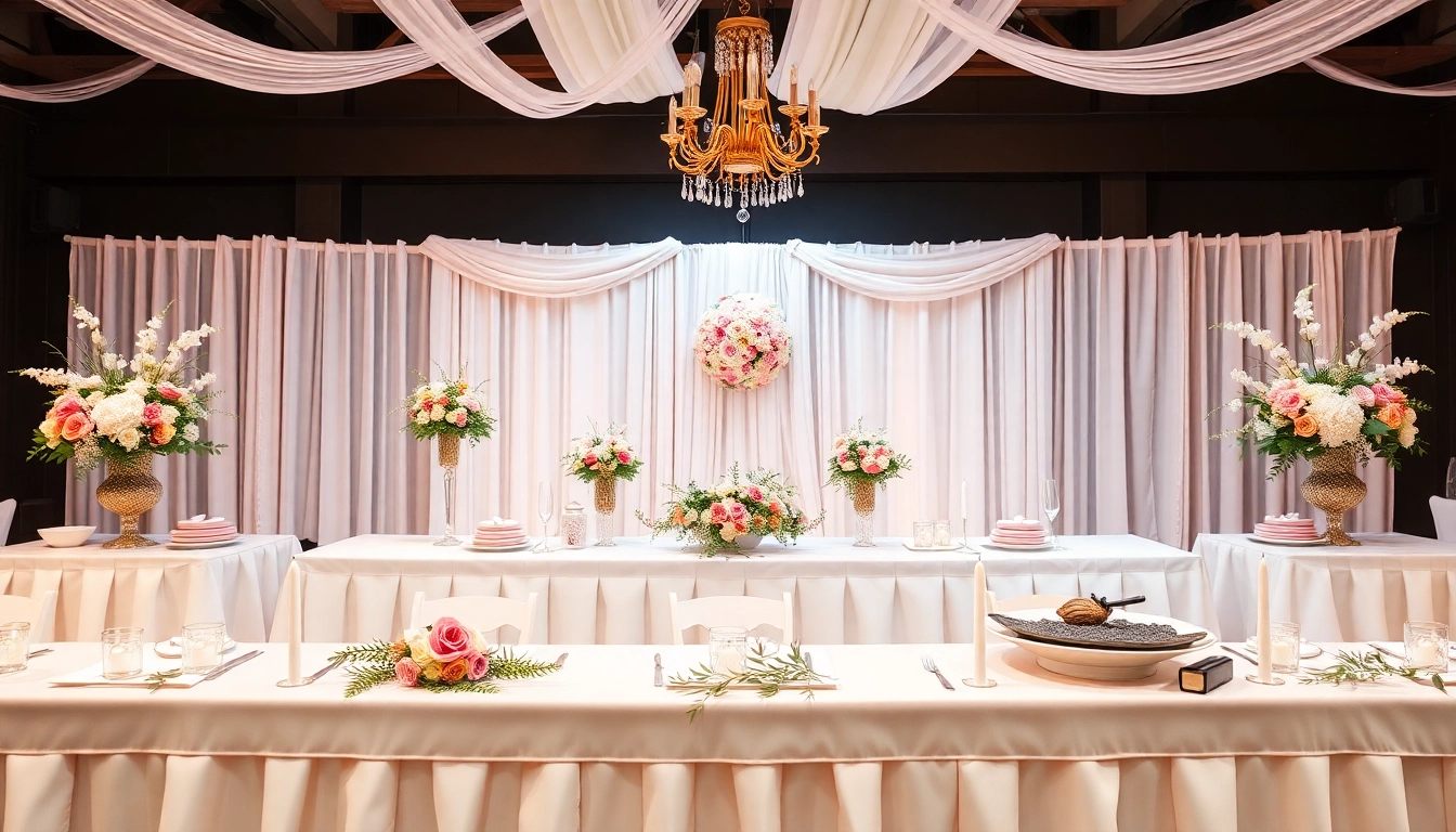 Buffet-Setup für einen Partyservice mit eleganter Dekoration und einer Vielzahl an Speisen