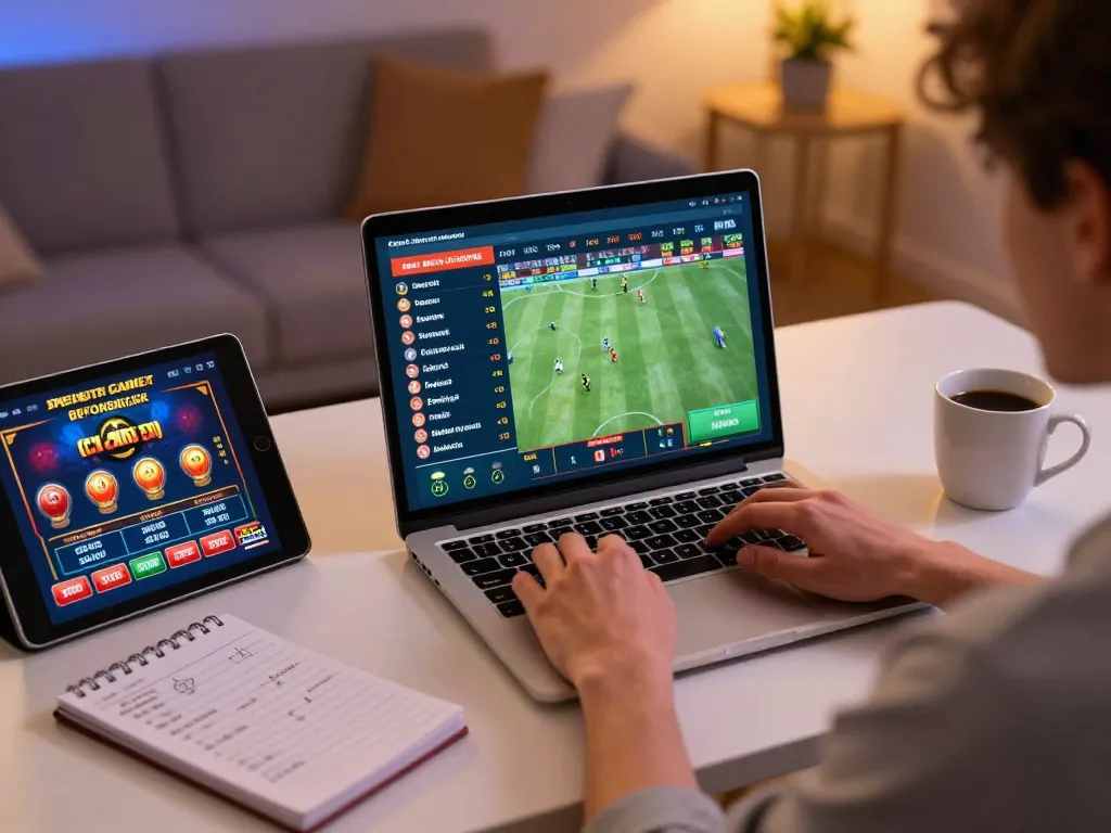 Person placing sports bets using soibet on a laptop in a vibrant home office environment.