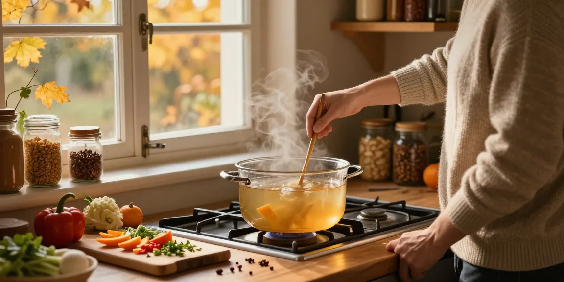 Klare Suppe mit frischen Zutaten in einer gemütlichen Küche zubereiten.