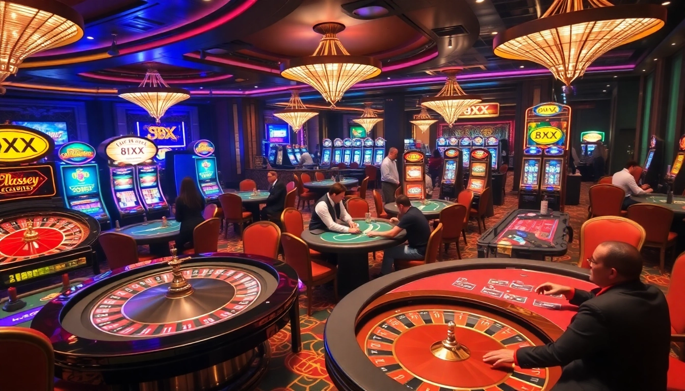 Exciting gaming action at 8XX casino featuring roulette, poker, and slot machines.