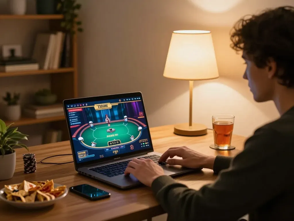 open88 user engaged in online poker gameplay at a cozy home setup, showcasing a strategic gaming environment.