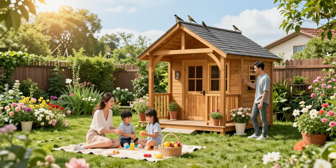 Familie genießt ihr neues Gartenhaus in einem schön angelegten Garten mit blühenden Pflanzen.
