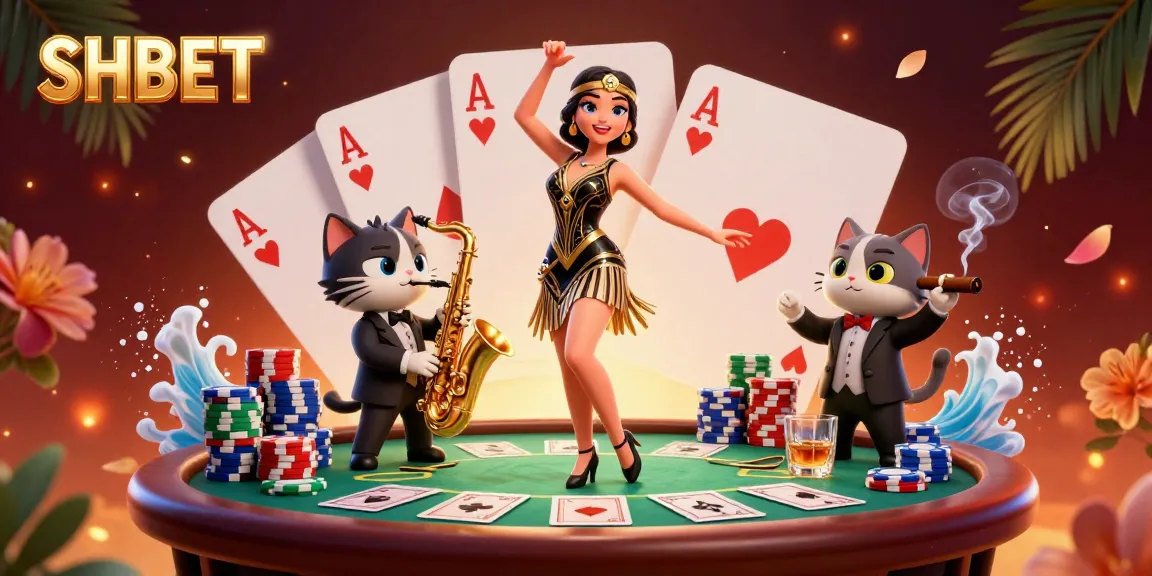 Experience SHBET excitement with a 3D flapper dancing among poker elements and confetti.